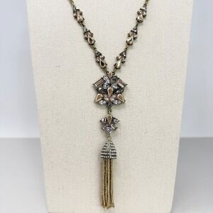 BaubleBar Statement Necklace Brass Tone Crystal Tassel Pendant Bohemian Vintage
